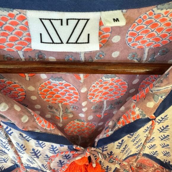 SZ Block Prints Tunic Top with Tassel Accents Red Size Medium Made in India Boho - Picture 3 of 9